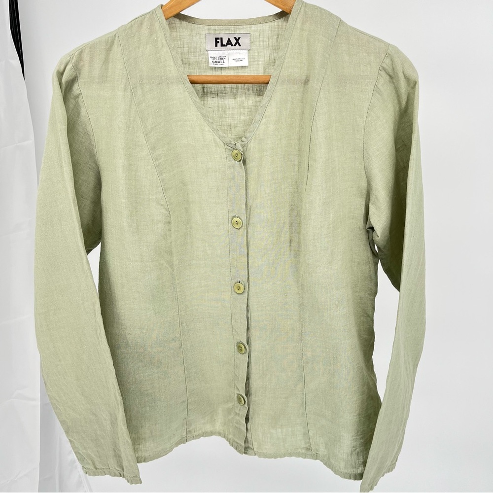 FLAX 100% Linen Button Front Top Size S Sage Green Long Sleeve Snap Back Detail